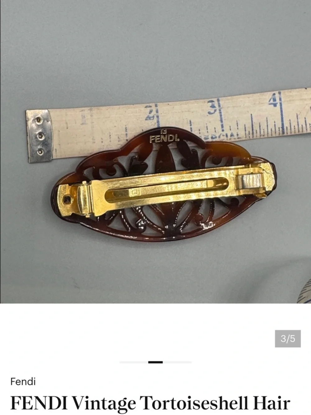 Fendi Vintage Tortoiseshell FF Logo Barrette Hair Clip Designer Italy